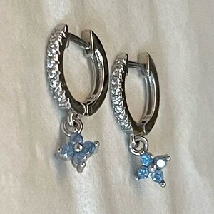 Sterling Silver Hoop Earrings with Blue Gemstone Flowers